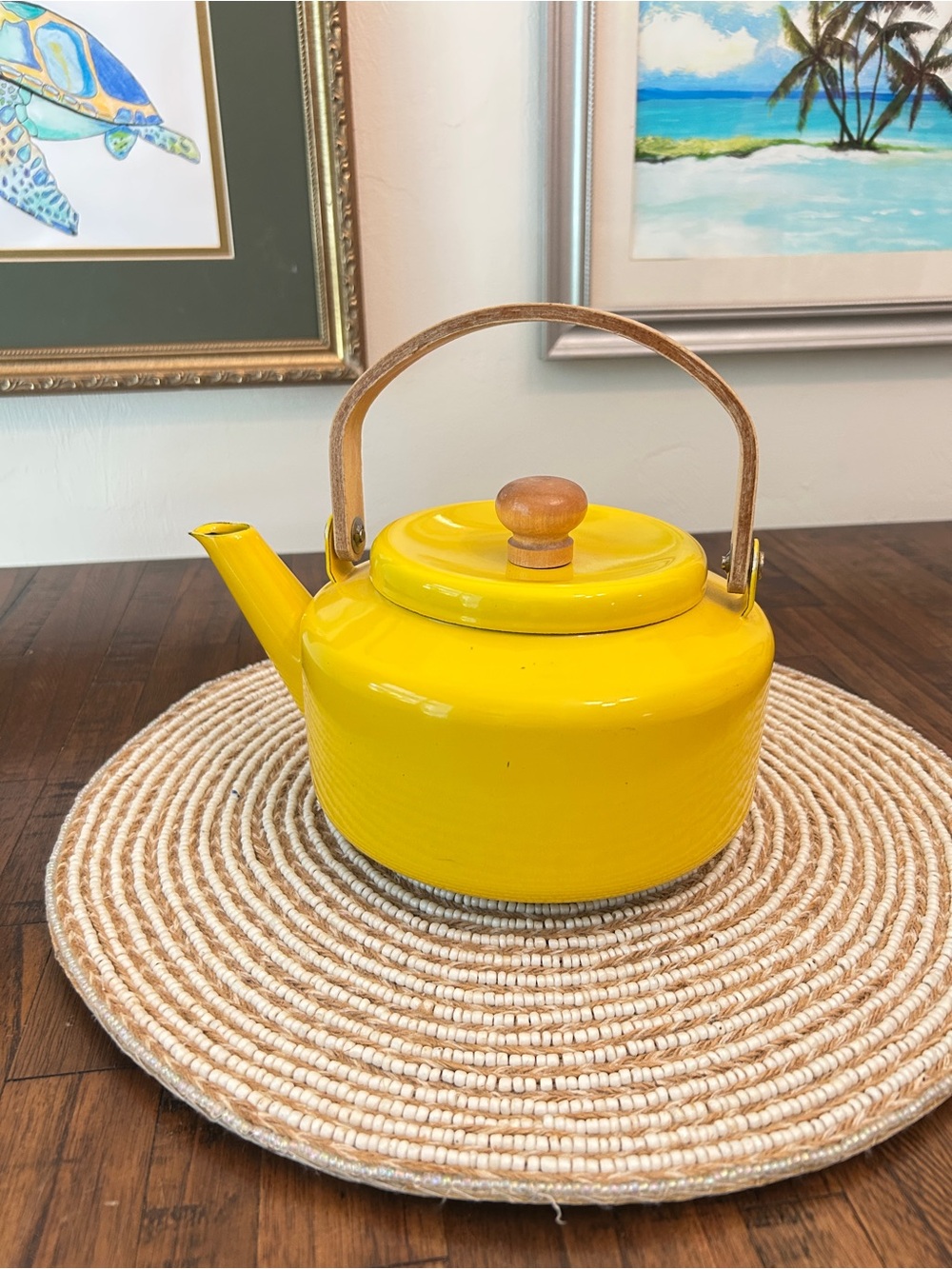 Bright Yellow Enamel Tea Kettle with Wooden Handle